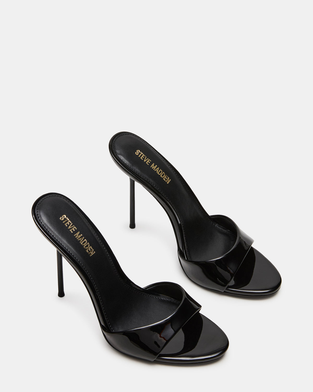 DAVINA Black Patent Rounded Open-Toe Mule Stiletto Women's Heel | Steve Madden