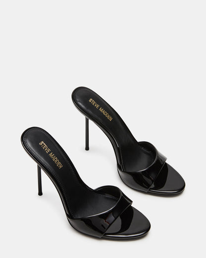 DAVINA Black Patent Rounded Open-Toe Mule Stiletto Women's Heel | Steve Madden