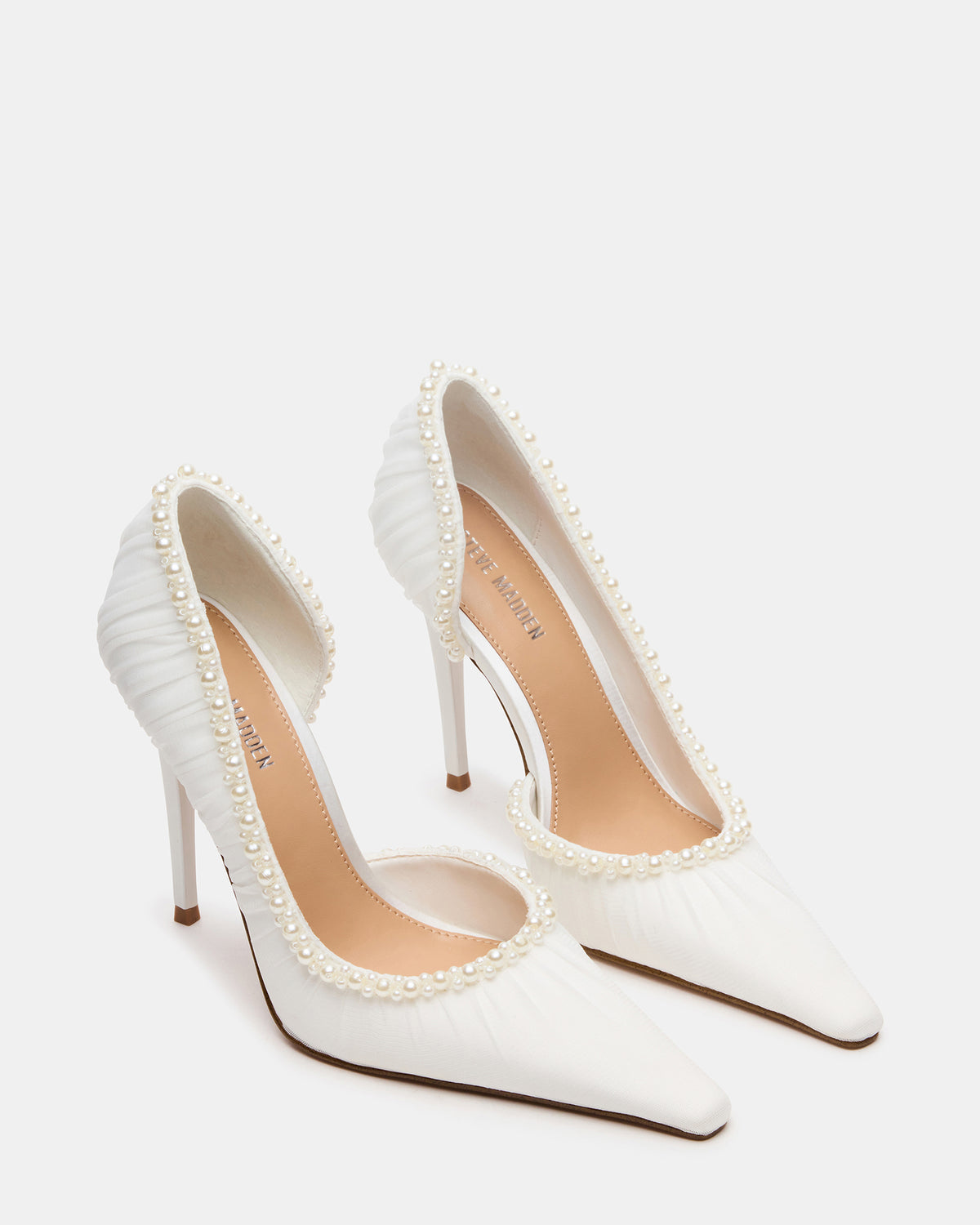 ELEGANT Pearl Ivory Mesh Ruched Pointed-Toe Stiletto Pump Women's Heel | Steve Madden