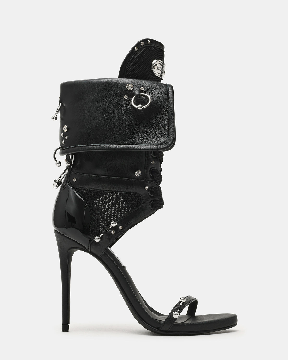 CASELLA Piercing Black Open-Toe Stiletto Lace-Up Women's Heel | Steve Madden