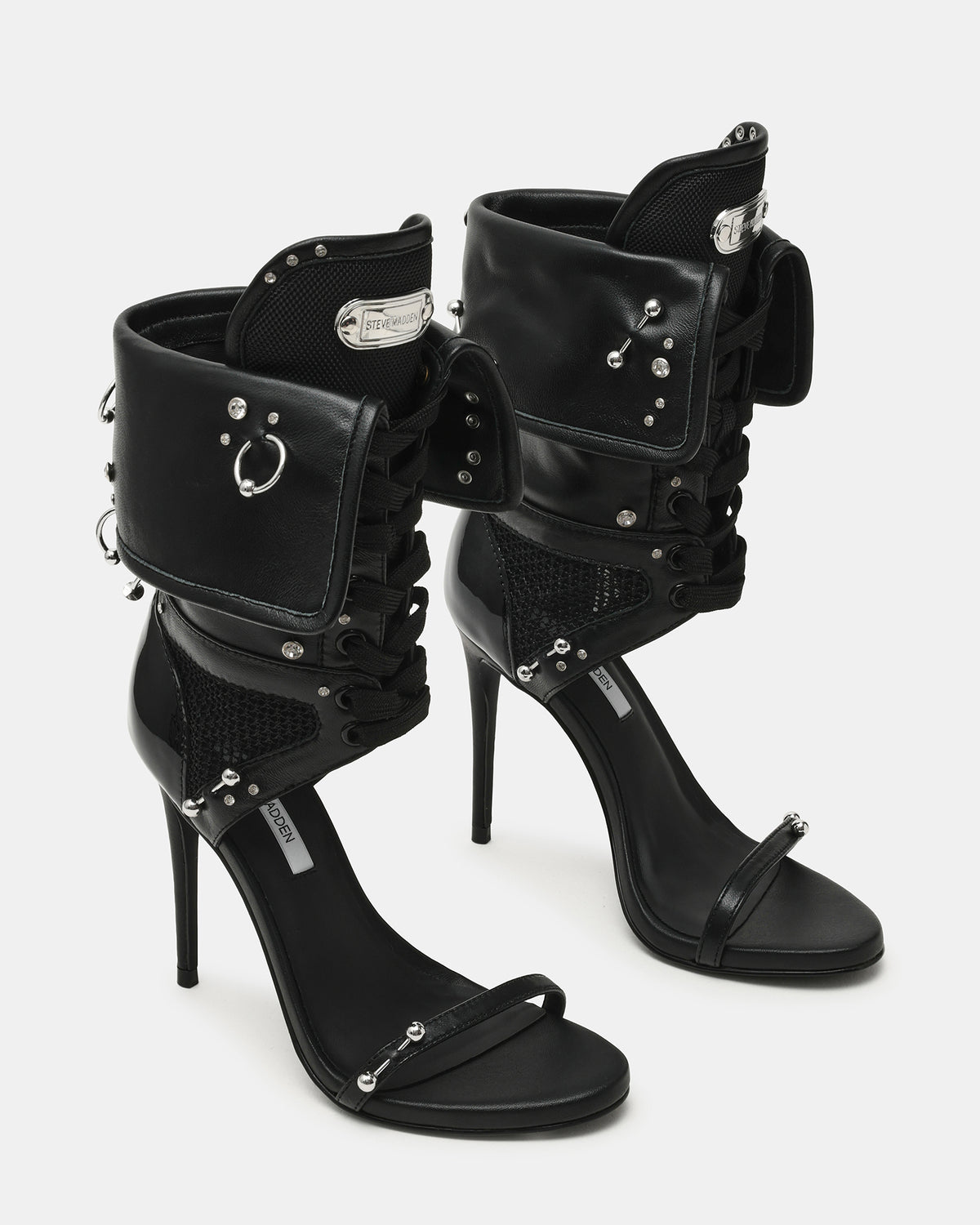 CASELLA Piercing Black Open-Toe Stiletto Lace-Up Women's Heel | Steve Madden