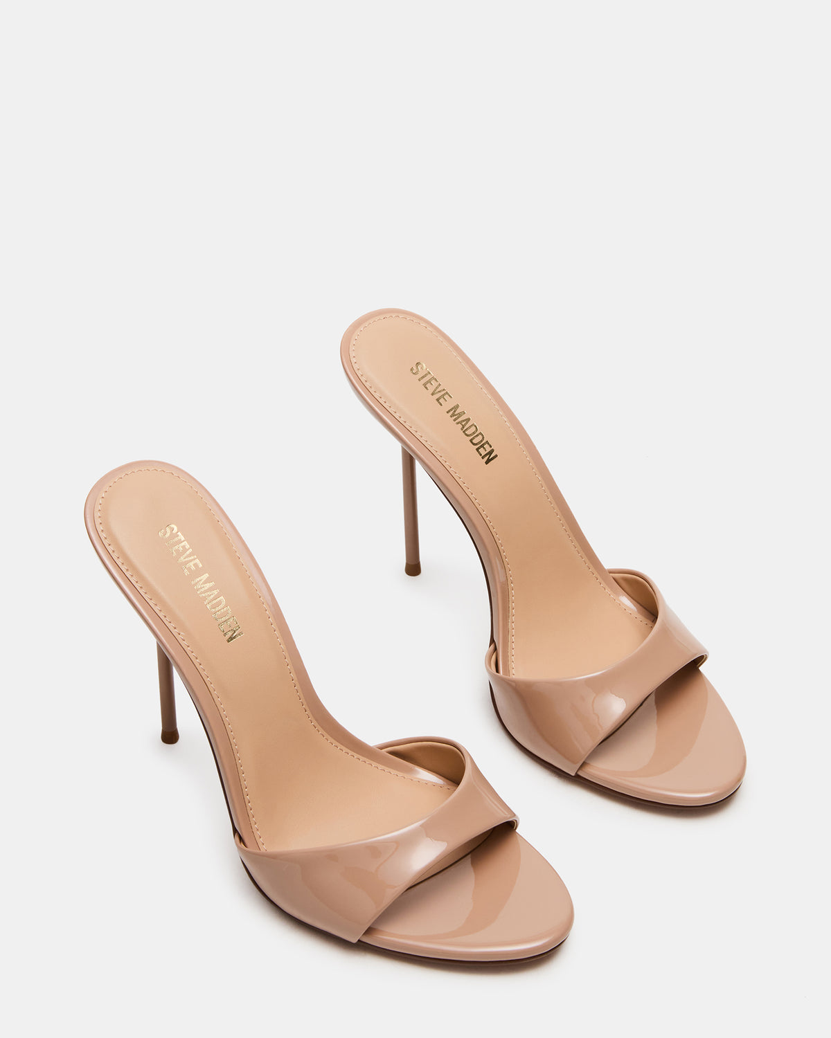 DAVINA Tan Patent Rounded Open-Toe Mule Stiletto Women's Heel | Steve Madden