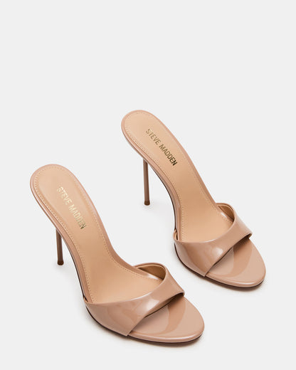 DAVINA Tan Patent Rounded Open-Toe Mule Stiletto Women's Heel | Steve Madden