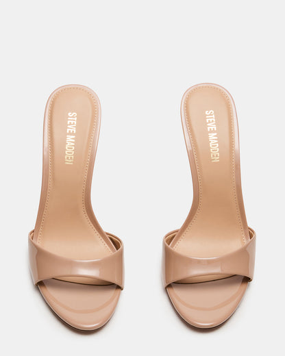 DAVINA Tan Patent Rounded Open-Toe Mule Stiletto Women's Heel | Steve Madden