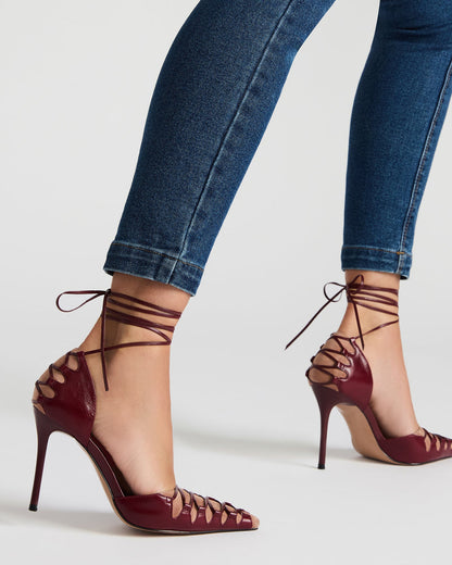 DANGER Burgundy Multi Pointed-Toe Lace-Up Stiletto Pump Women's Heel | Steve Madden
