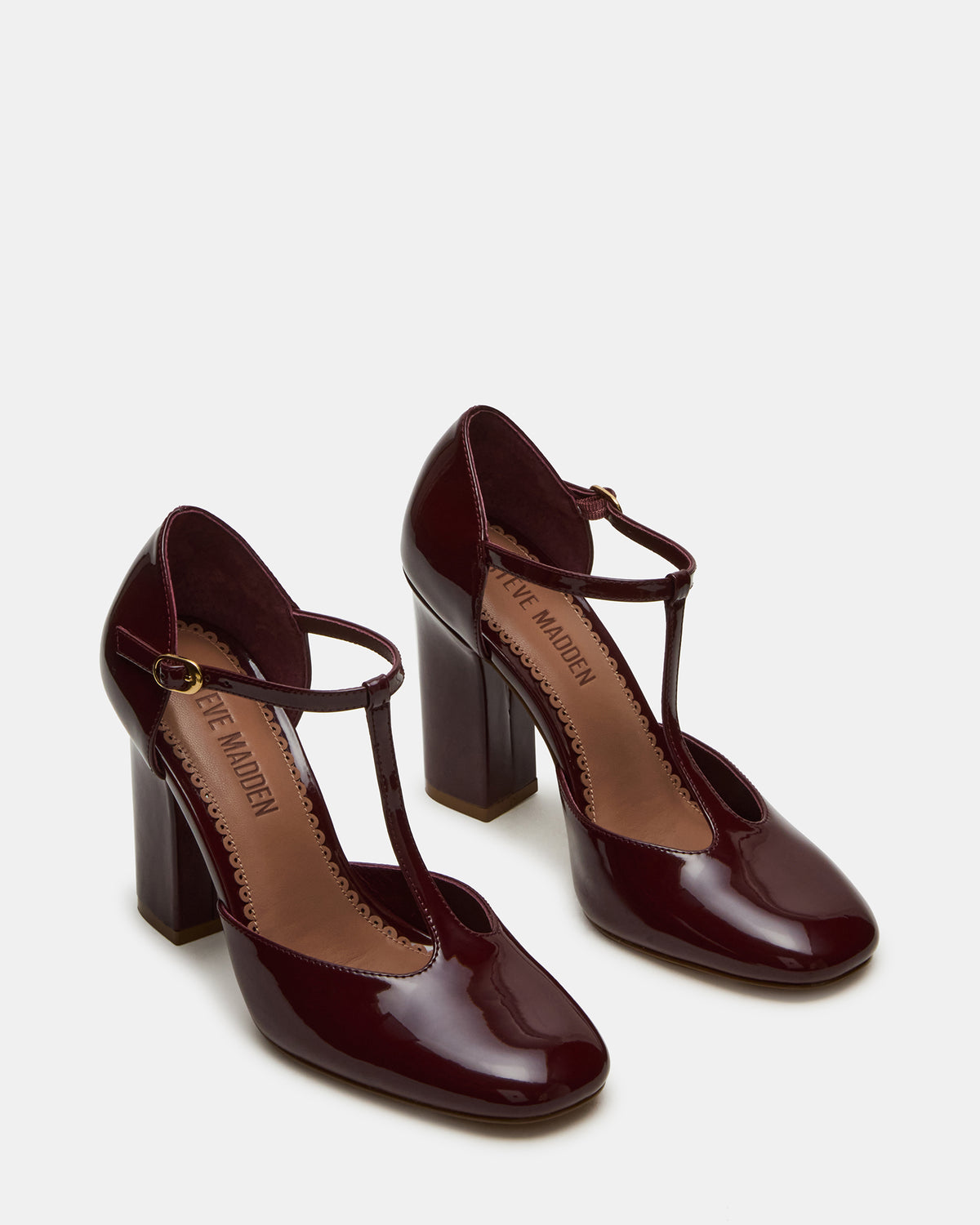 MALCOLM Burgundy Patent T-Strap Block Heel Women's Heel | Steve Madden