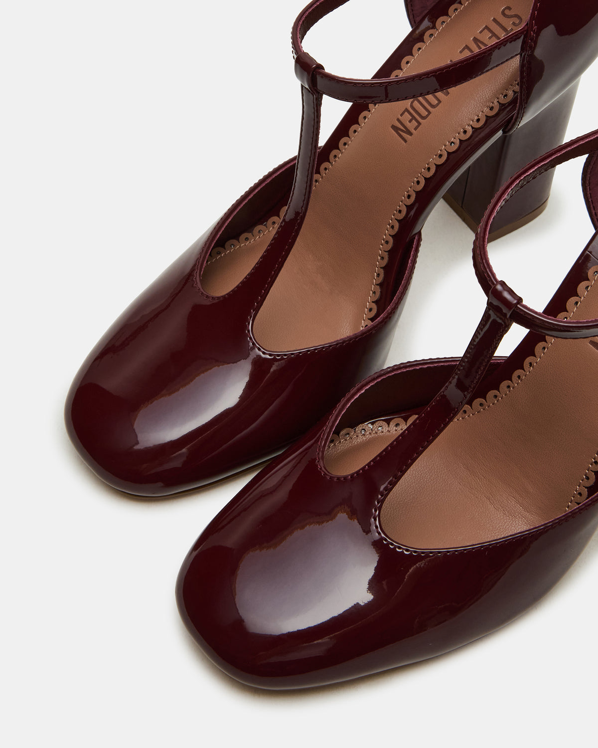 MALCOLM Burgundy Patent T-Strap Block Heel Women's Heel | Steve Madden