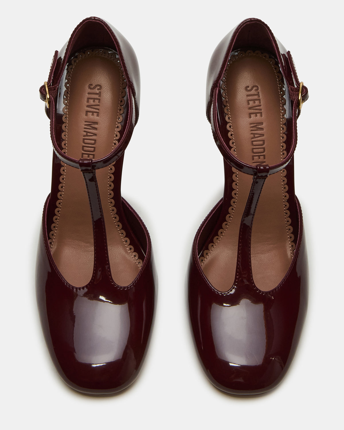 MALCOLM Burgundy Patent T-Strap Block Heel Women's Heel | Steve Madden