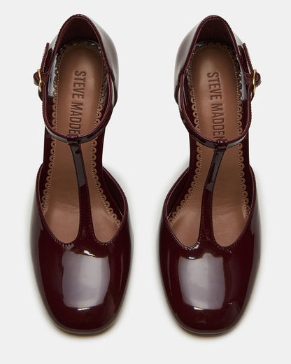 MALCOLM Burgundy Patent T-Strap Block Heel Women's Heel | Steve Madden
