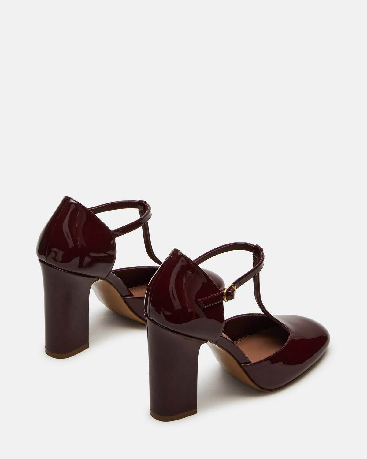 MALCOLM Burgundy Patent T-Strap Block Heel Women's Heel | Steve Madden