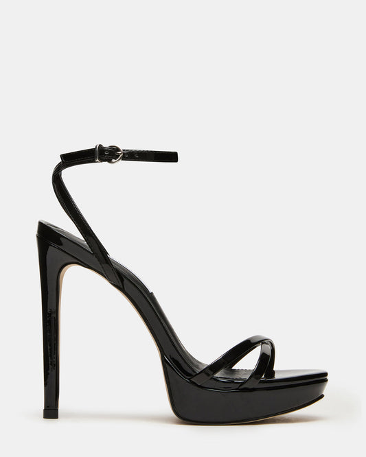 JUNI Black Patent Criss Cross Stiletto Ankle Strap Women's Heel | Steve Madden
