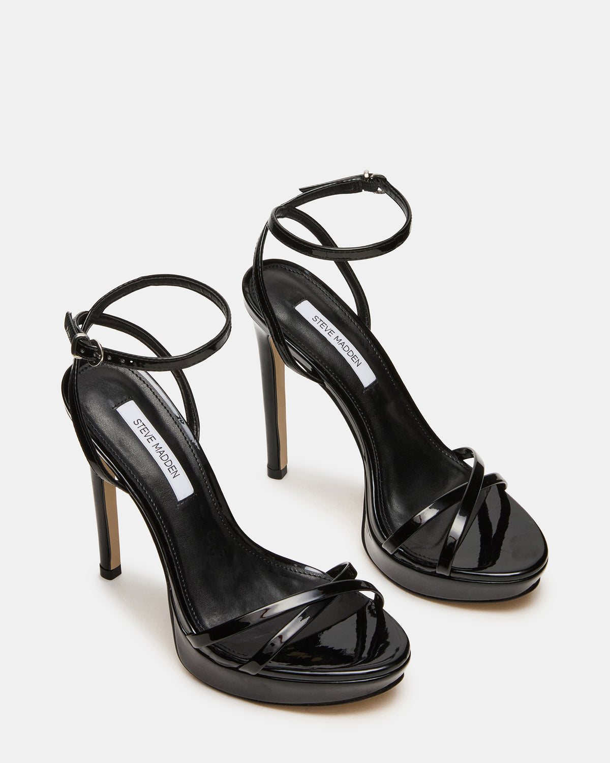 JUNI Black Patent Criss Cross Stiletto Ankle Strap Women's Heel | Steve Madden