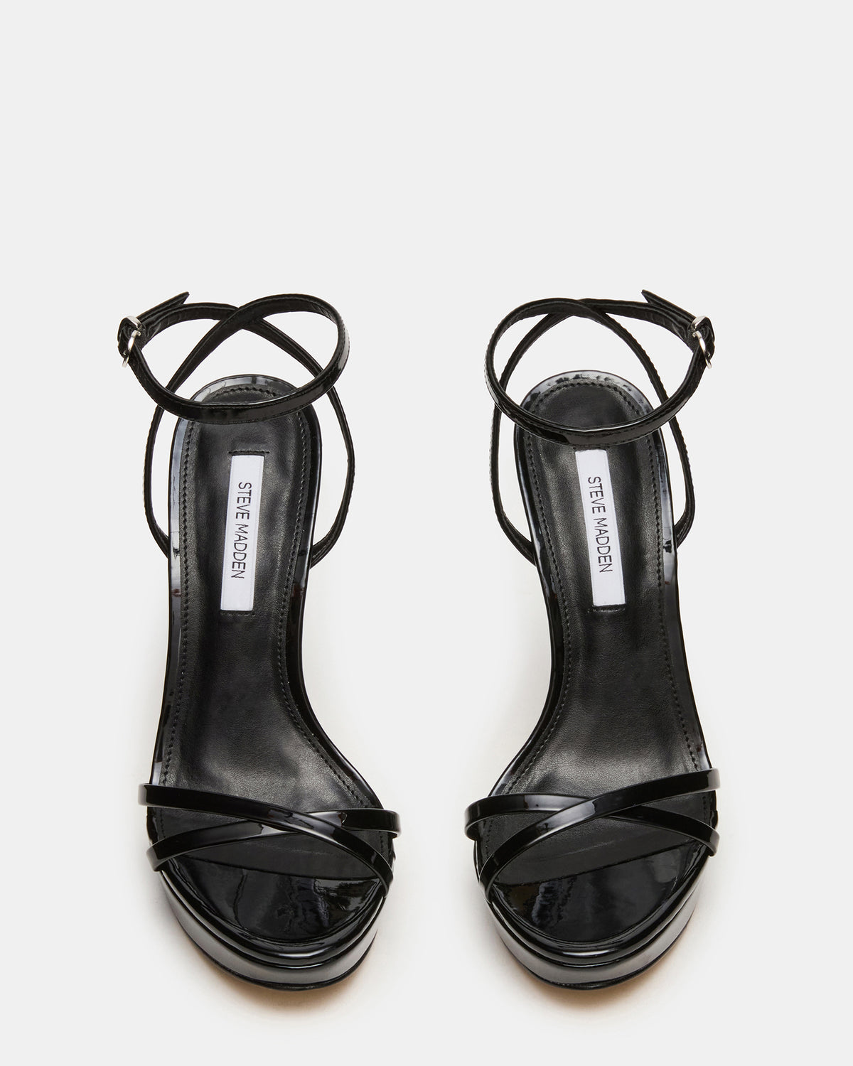 JUNI Black Patent Criss Cross Stiletto Ankle Strap Women's Heel | Steve Madden