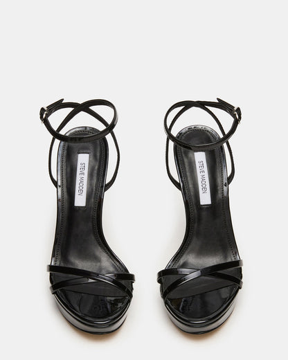 JUNI Black Patent Criss Cross Stiletto Ankle Strap Women's Heel | Steve Madden