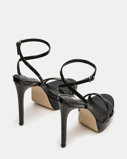 JUNI Black Patent Criss Cross Stiletto Ankle Strap Women's Heel | Steve Madden