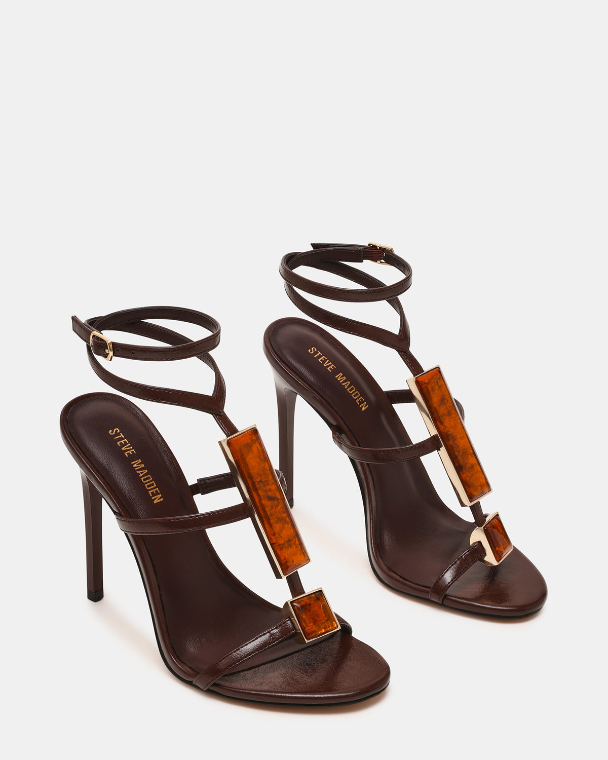 SHAYLEE Brown Stone Detail Strappy Stiletto Women's Heel | Steve Madden