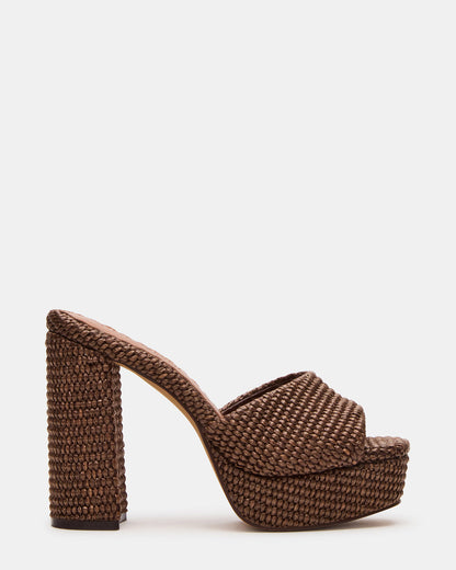 JOEL Brown Raffia Square-Toe Platform Raffia Mule Women's Heel | Steve Madden