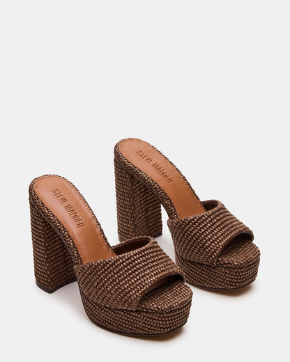 JOEL Brown Raffia Square-Toe Platform Raffia Mule Women's Heel | Steve Madden
