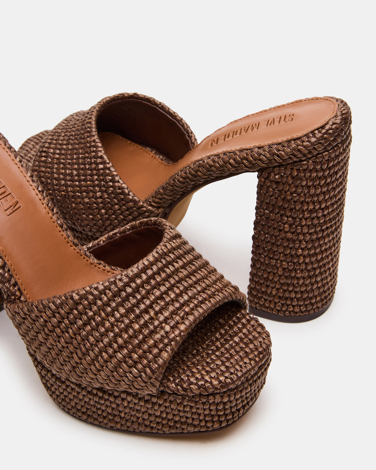 JOEL Brown Raffia Square-Toe Platform Raffia Mule Women's Heel | Steve Madden