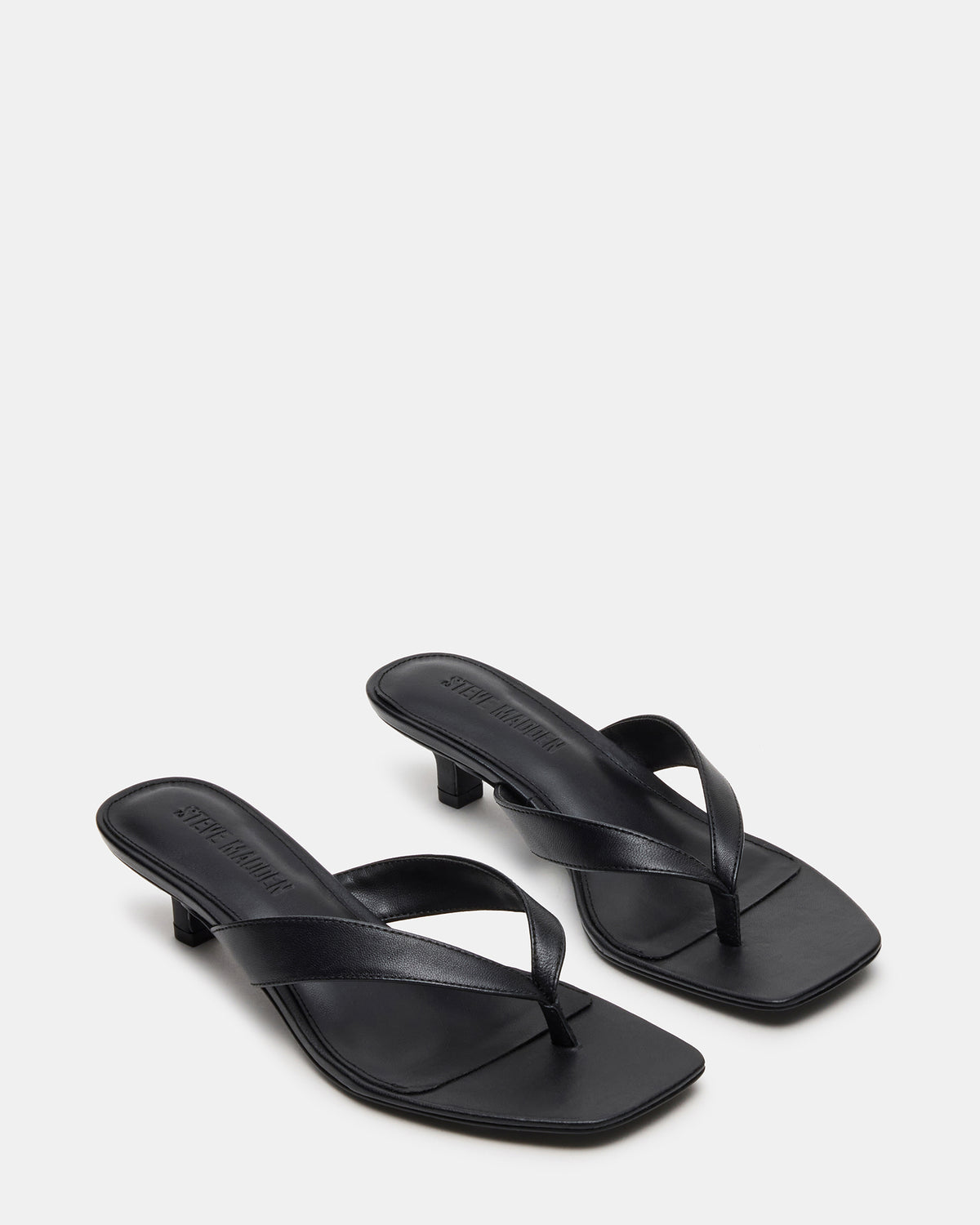TRACIE Black Leather Thong Strap Women's Kitten Heel | Steve Madden