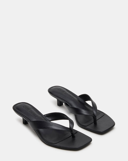TRACIE Black Leather Thong Strap Women's Kitten Heel | Steve Madden