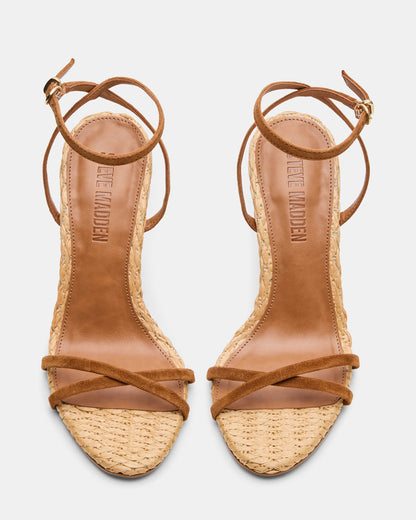 JYPSEY Chestnut Suede Raffia Strappy Stiletto Women's Heel | Steve Madden