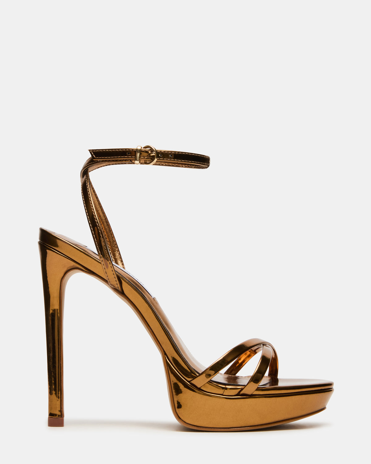 JUNI Bronze Criss Cross Stiletto Ankle Strap Women's Heel | Steve Madden