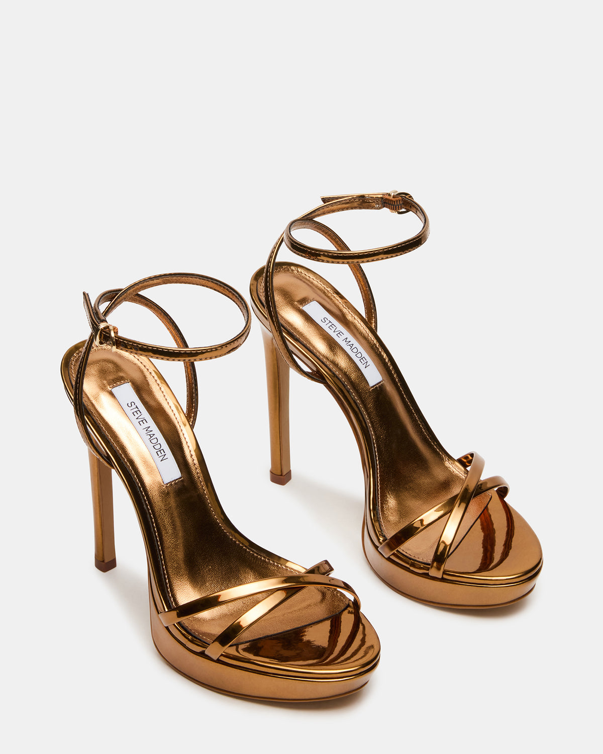 JUNI Bronze Criss Cross Stiletto Ankle Strap Women's Heel | Steve Madden