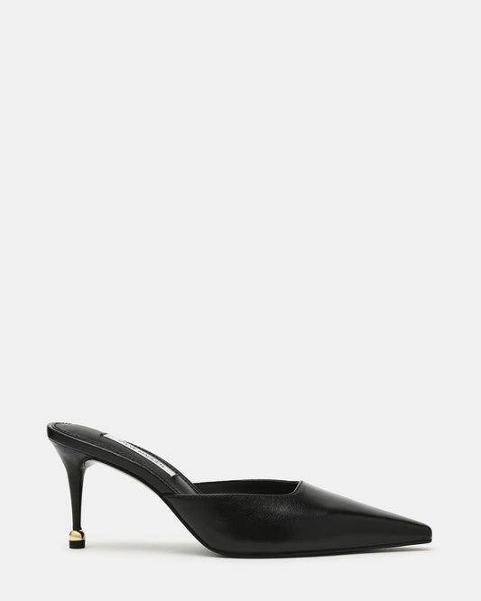 ADELINE Black Leather Mule Pointed-Toe Gold-Detail Women's Heel | Steve Madden