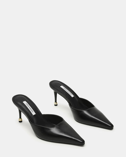 ADELINE Black Leather Mule Pointed-Toe Gold-Detail Women's Heel | Steve Madden