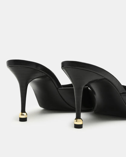 ADELINE Black Leather Mule Pointed-Toe Gold-Detail Women's Heel | Steve Madden
