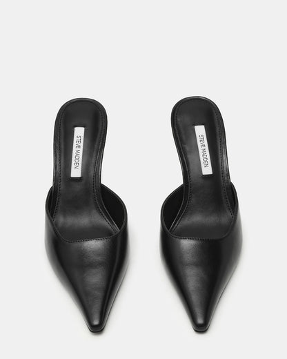 ADELINE Black Leather Mule Pointed-Toe Gold-Detail Women's Heel | Steve Madden