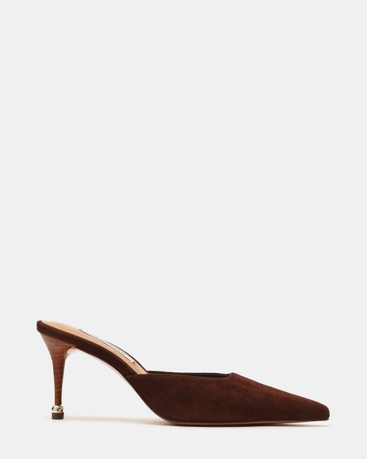 ADELINE Brown Suede Mule Pointed-Toe Gold-Detail Women's Heel | Steve Madden