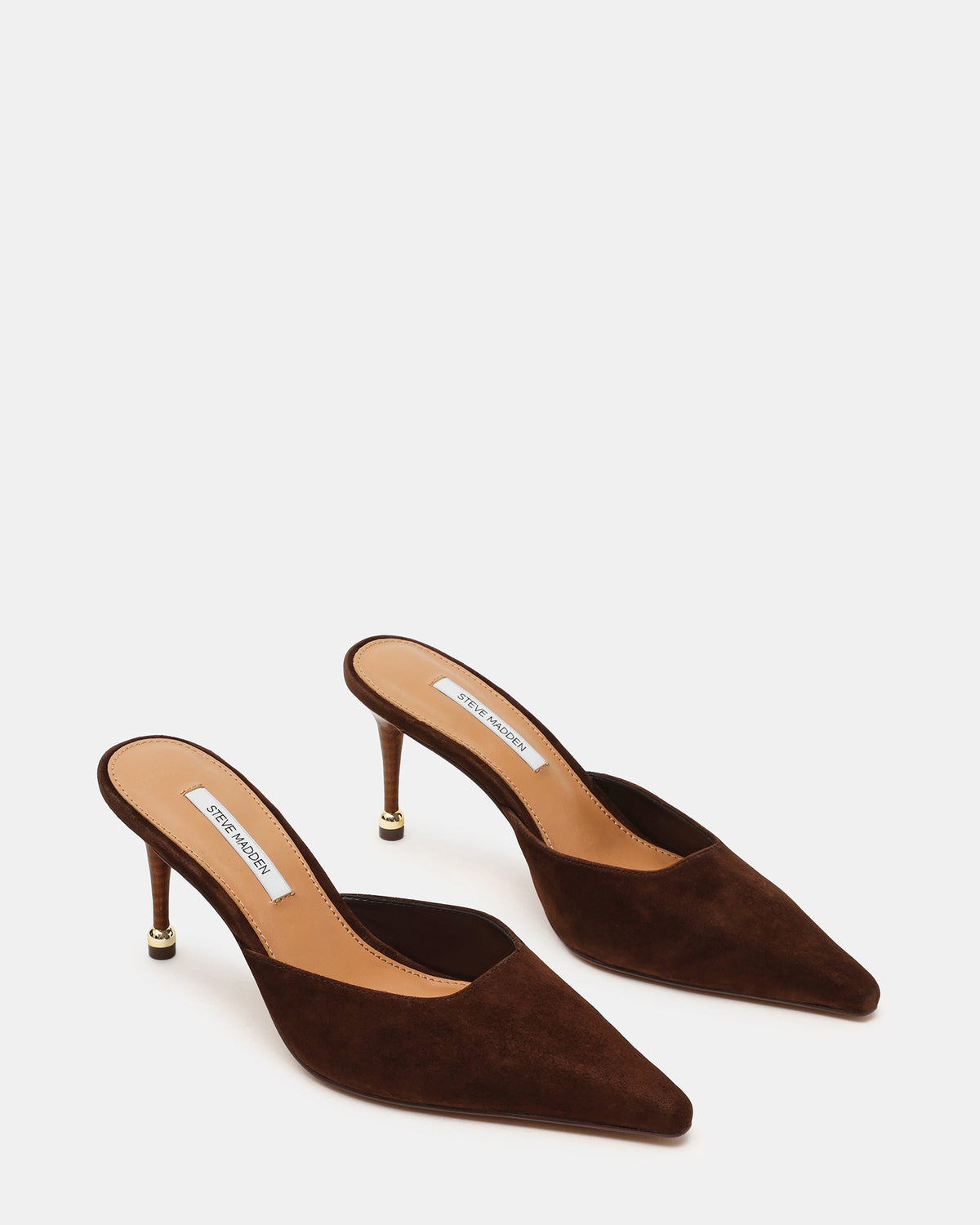 ADELINE Brown Suede Mule Pointed-Toe Gold-Detail Women's Heel | Steve Madden