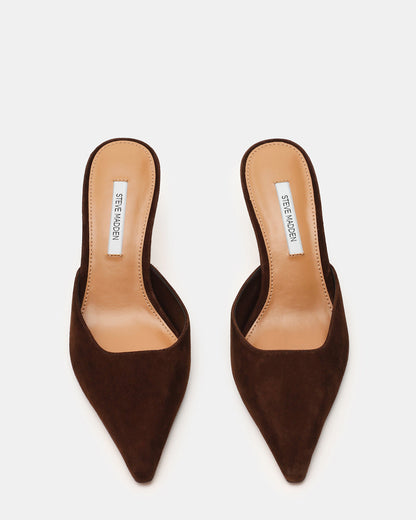 ADELINE Brown Suede Mule Pointed-Toe Gold-Detail Women's Heel | Steve Madden