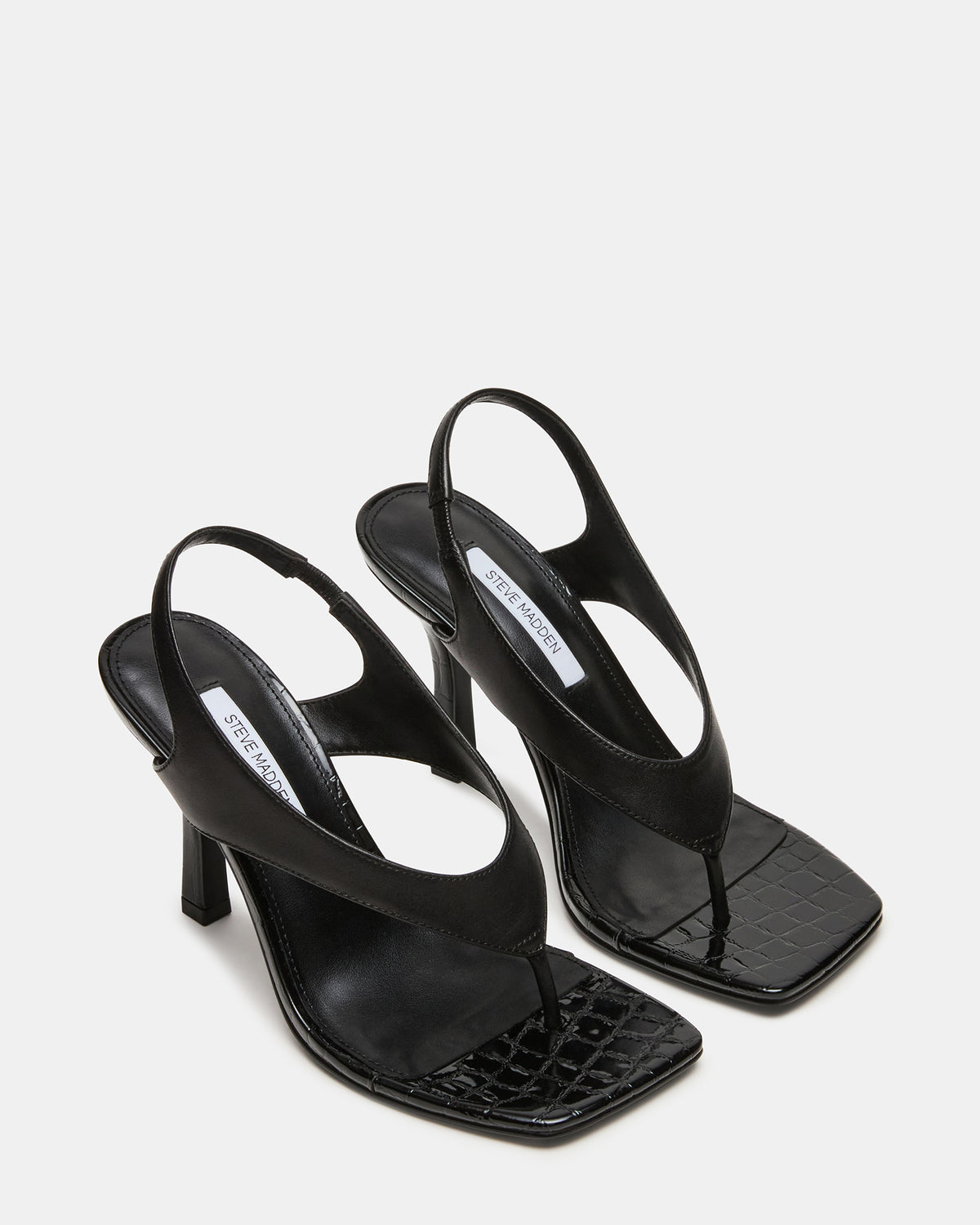 IMPROV Black Leather Square-Toe Thong Slingback Women's Heel | Steve Madden