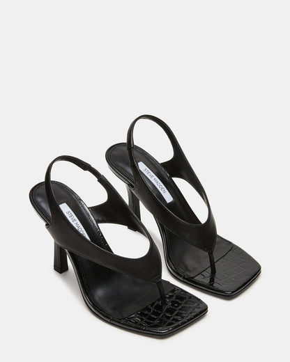 IMPROV Black Leather Square-Toe Thong Slingback Women's Heel | Steve Madden