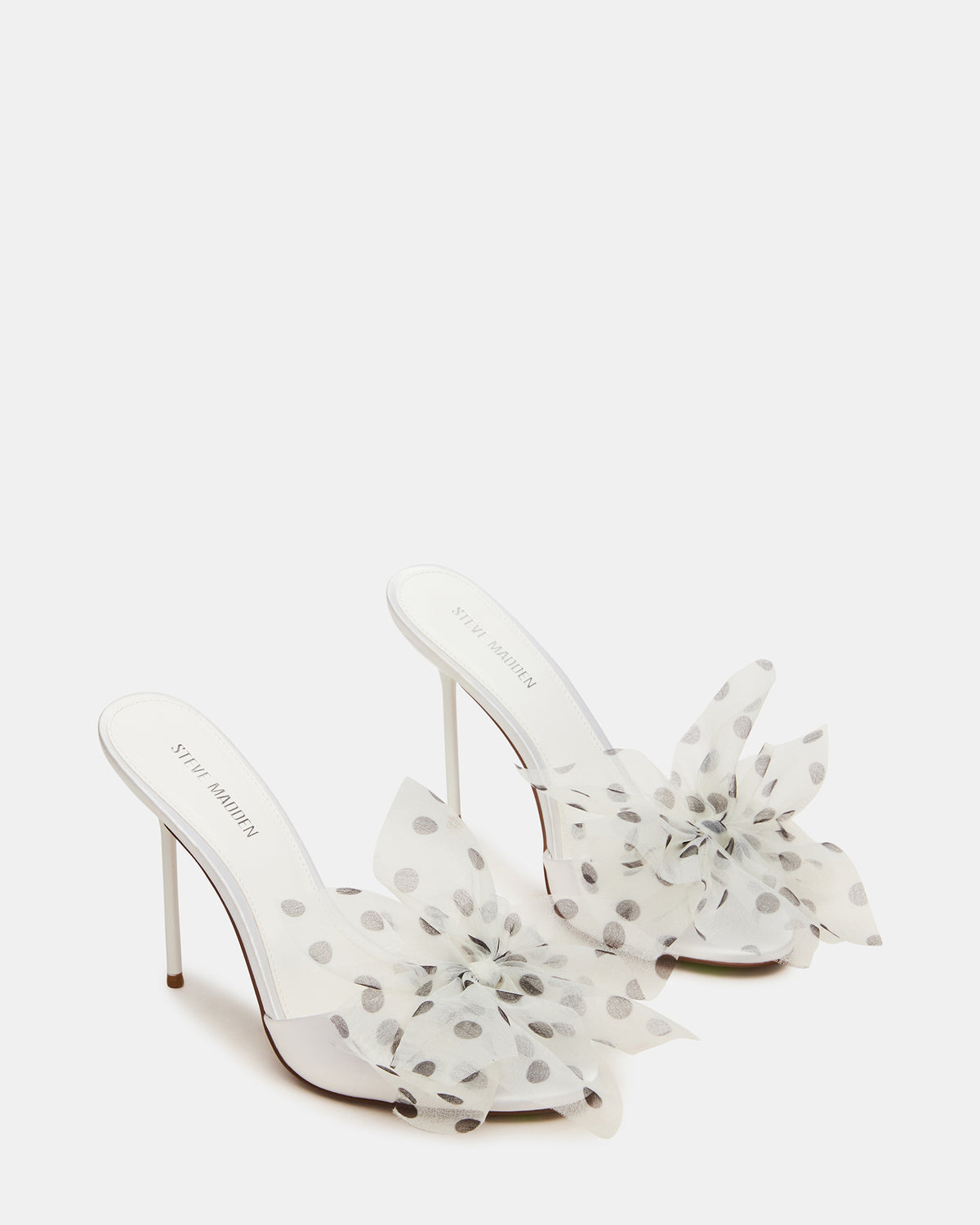 DAVINA Tulle White/Black Polka Dot Rounded Open-Toe Mule Stiletto Women's Heel | Steve Madden