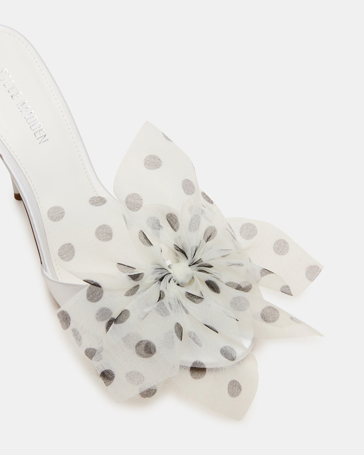 DAVINA Tulle White/Black Polka Dot Rounded Open-Toe Mule Stiletto Women's Heel | Steve Madden