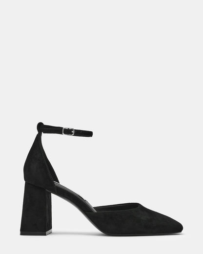 HARTLYN Black Suede Square-Toe Block Heel Ankle Strap Women's Heel | Steve Madden