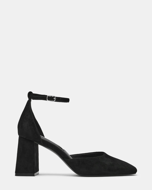 HARTLYN Black Suede Square-Toe Block Heel Ankle Strap Women's Heel | Steve Madden
