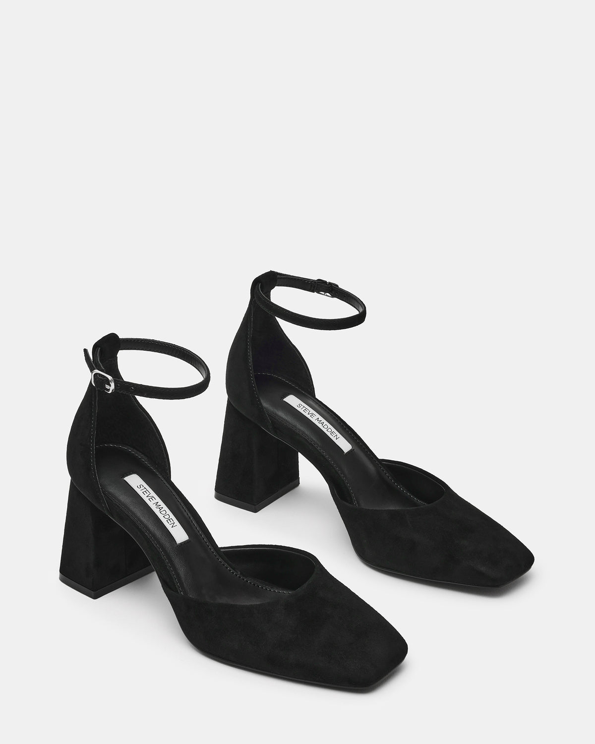 HARTLYN Black Suede Square-Toe Block Heel Ankle Strap Women's Heel | Steve Madden