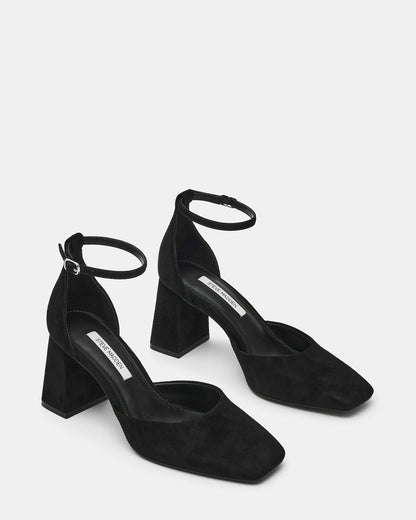 HARTLYN Black Suede Square-Toe Block Heel Ankle Strap Women's Heel | Steve Madden