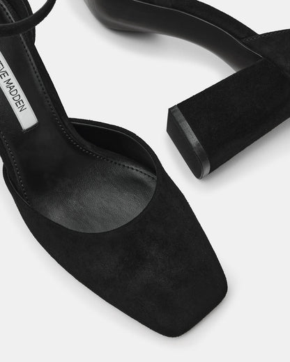 HARTLYN Black Suede Square-Toe Block Heel Ankle Strap Women's Heel | Steve Madden