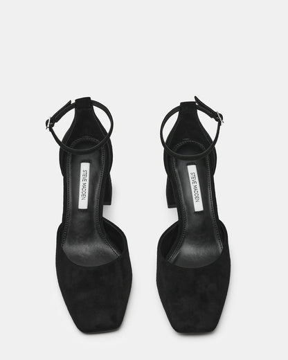 HARTLYN Black Suede Square-Toe Block Heel Ankle Strap Women's Heel | Steve Madden