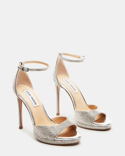 WILEY Silver Rhinestones Open Toe Stiletto Heel | Women's Heels | Steve Madden