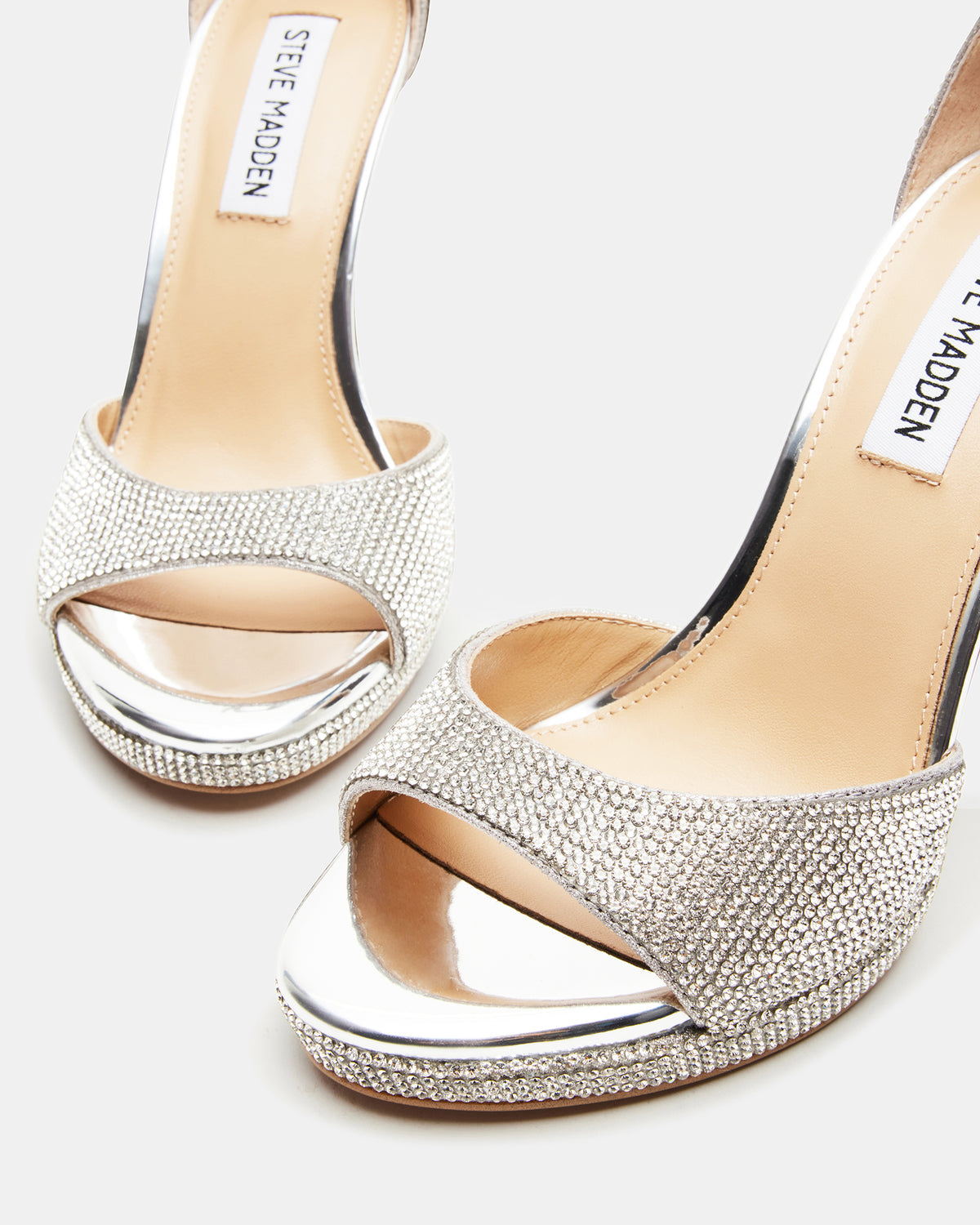 WILEY Silver Rhinestones Open Toe Stiletto Heel | Women's Heels | Steve Madden