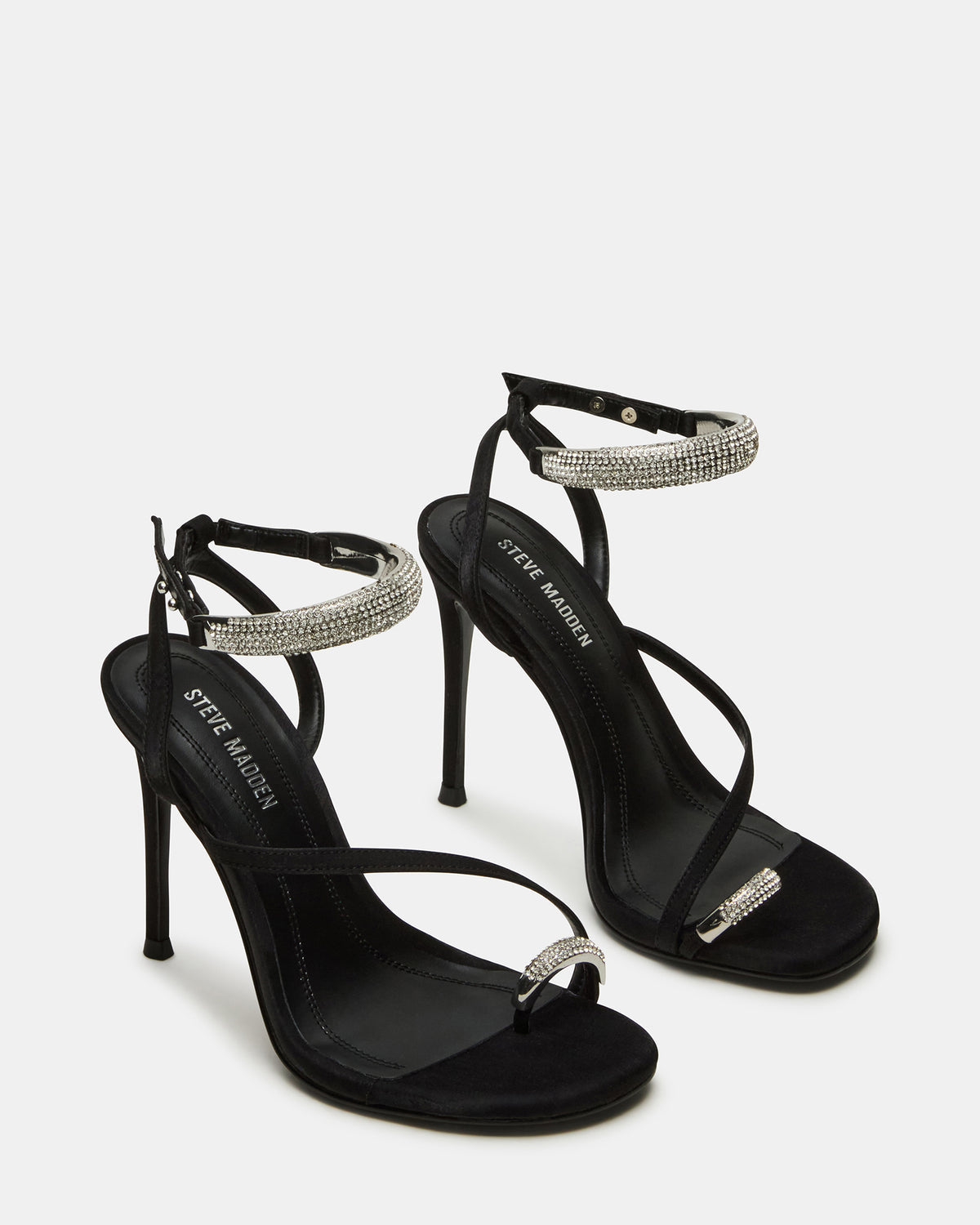 TIA Rhinestones Black Satin Open-Toe Stiletto Women's Heel | Steve Madden