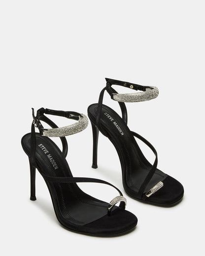 TIA Rhinestones Black Satin Open-Toe Stiletto Women's Heel | Steve Madden