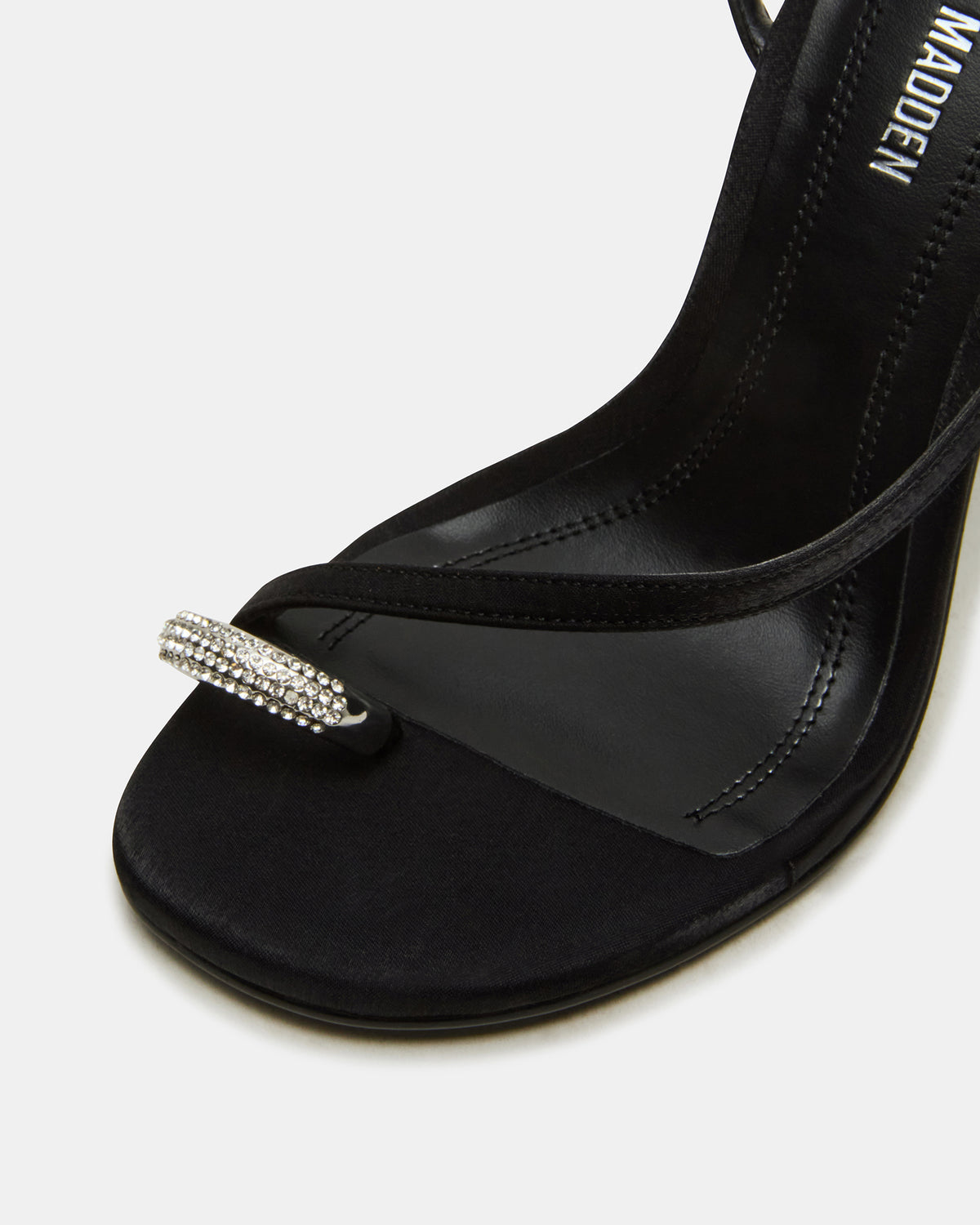 TIA Rhinestones Black Satin Open-Toe Stiletto Women's Heel | Steve Madden